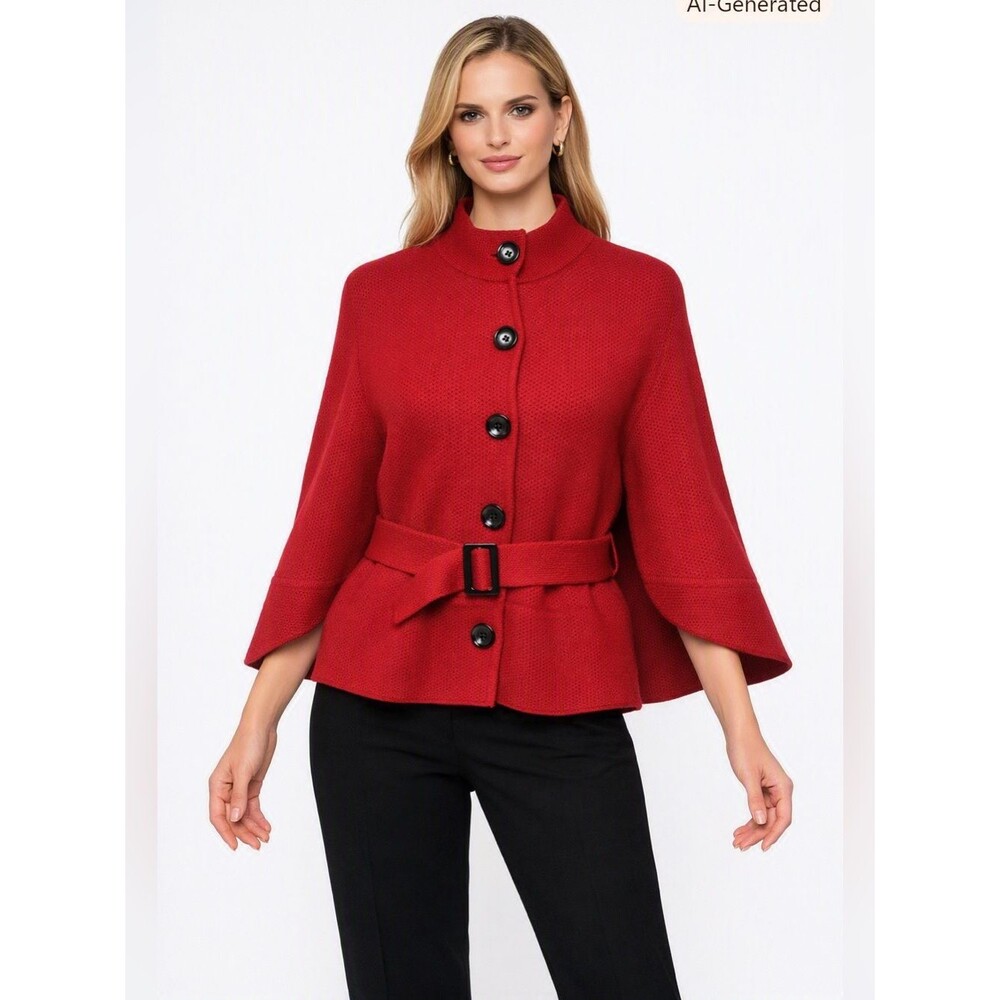 Rena Lange sweater cape waffle knit belted